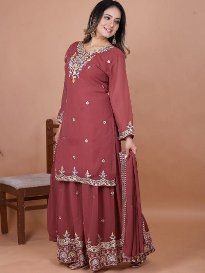 Dusty Rosewood Maroon Georgette Sharara Suit Set - BONYHUBSALWAR KAMEEZ