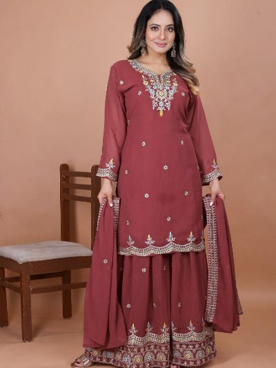 Dusty Rosewood Maroon Georgette Sharara Suit Set - BONYHUBSALWAR KAMEEZ