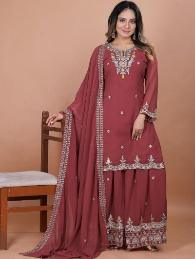 Dusty Rosewood Maroon Georgette Sharara Suit Set - BONYHUBSALWAR KAMEEZ