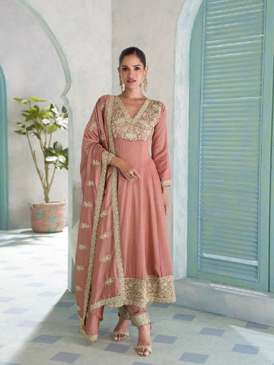 Pastel Peachy Pink Silk Embroidery Work Anarkali Suit - BONYHUBSALWAR KAMEEZ
