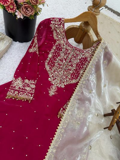 Magenta Pink & Gold Embroidery Moti Work Sharara Suit - BONYHUBSALWAR KAMEEZ