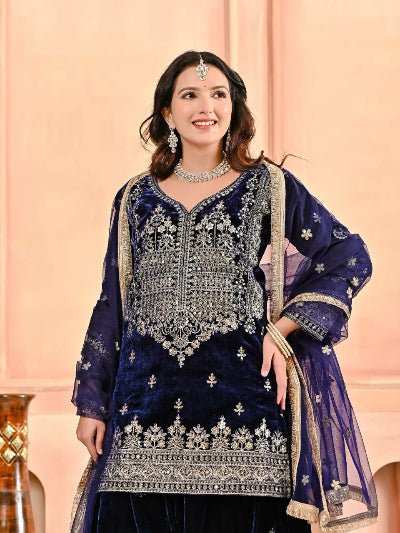 Deep Dark Blue Velvet Embroidery Work Sharara Suit - BONYHUBSALWAR KAMEEZ
