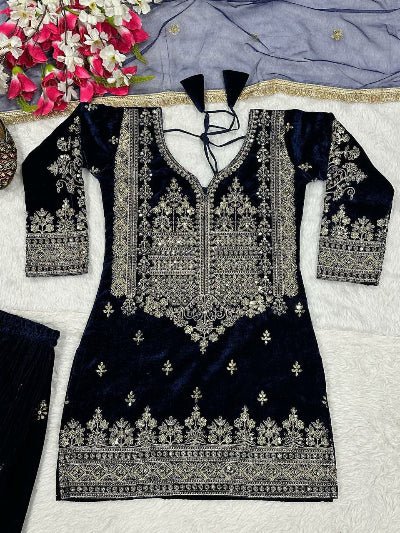Deep Dark Blue Velvet Embroidery Work Sharara Suit - BONYHUBSALWAR KAMEEZ
