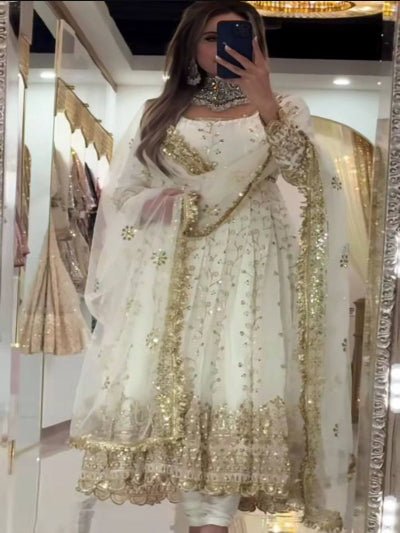 White Gold Embroidery Georgette Anarkali Set - BONYHUBSALWAR KAMEEZ
