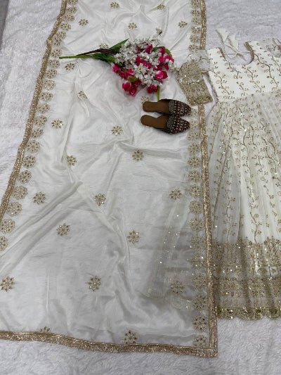 White Gold Embroidery Georgette Anarkali Set - BONYHUBSALWAR KAMEEZ