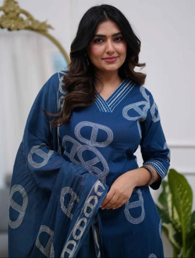 Blue Chanderi Salwar Suit with Printed Dupatta - BONYHUBSALWAR KAMEEZ