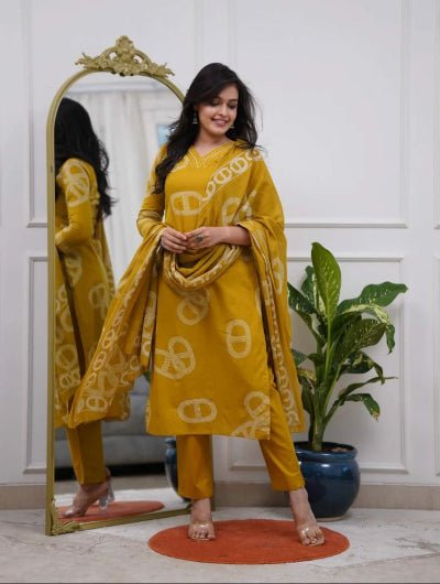 Mustard Yellow Chanderi Salwar Suit with Printed Dupatta - BONYHUBSALWAR KAMEEZ