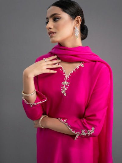 Hot Pink Plain Silk Blend Straight Suit Set - BONYHUBSALWAR KAMEEZ