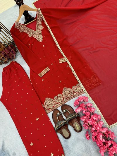 Hot Red Georgette Rivet Moti Work Salwar Suit Set - BONYHUBSALWAR KAMEEZ