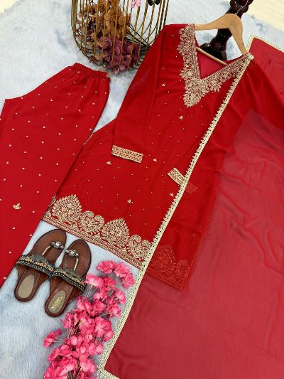Hot Red Georgette Rivet Moti Work Salwar Suit Set - BONYHUBSALWAR KAMEEZ