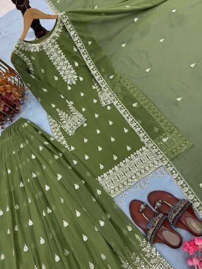 Mehandi Green Georgette Fancy Detailing Sharara Suit Set - BONYHUBSALWAR KAMEEZ