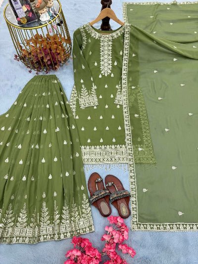 Mehandi Green Georgette Fancy Detailing Sharara Suit Set - BONYHUBSALWAR KAMEEZ