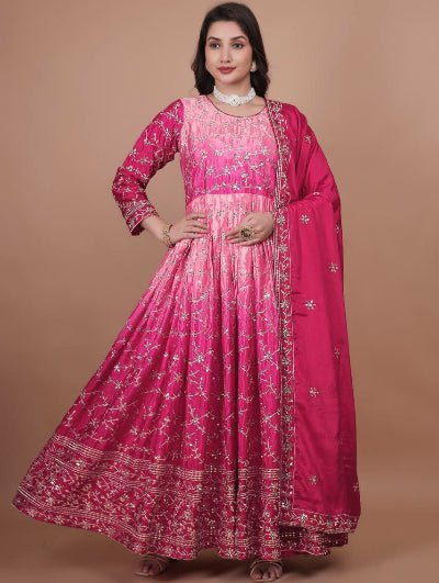 Pink Elegant Pure Chinon Silk Gown with Dupatta Set Of 2 - BONYHUBSALWAR KAMEEZ