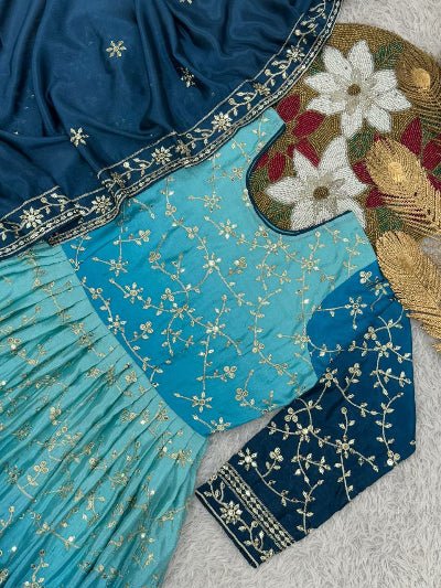 Blue Elegant Pure Chinon Silk Gown with Dupatta Set Of 2 - BONYHUBSALWAR KAMEEZ
