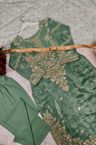 Seagreen Tissue Silk Embroidered Straight Suit Set - BONYHUBSALWAR KAMEEZ