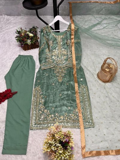 Seagreen Tissue Silk Embroidered Straight Suit Set - BONYHUBSALWAR KAMEEZ