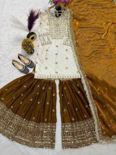 Cream & Bronze Gold Rich Embroidery Work Gharara Suit - BONYHUBSALWAR KAMEEZ