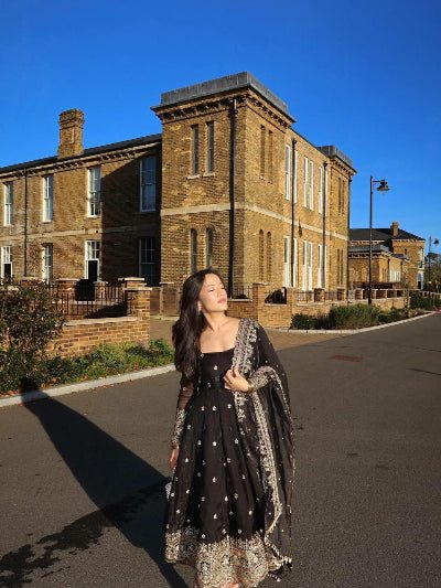 Classic Black Georgette Flair Embroidery Anarkali Set - BONYHUBSALWAR KAMEEZ