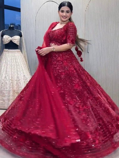 Red Partywear Sequins Lehenga Choli Set - BONYHUBSALWAR KAMEEZ