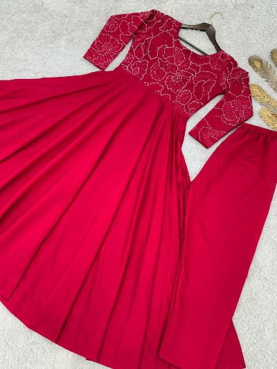 Magenta Roman Silk Sequins Work Anarkali Pant Set Of 2 - BONYHUBSALWAR KAMEEZ