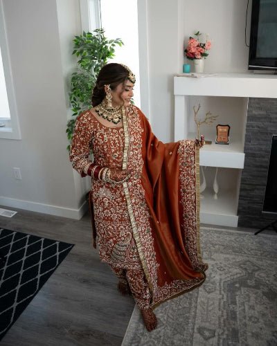 Orange Rich Sequins Embroidery Farshi Suit Set - BONYHUBSALWAR KAMEEZ