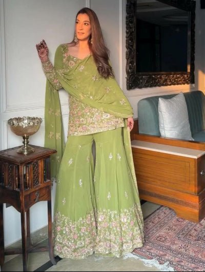 Pista Green with Silver & Pink Embroidery Gharara Suit - BONYHUBSALWAR KAMEEZ