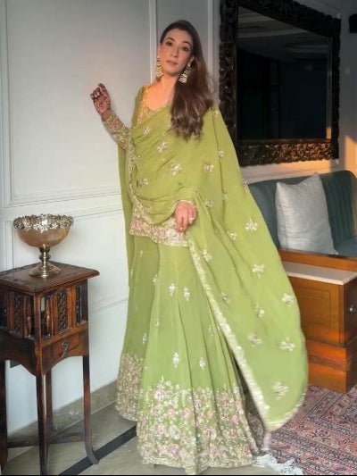 Pista Green with Silver & Pink Embroidery Gharara Suit - BONYHUBSALWAR KAMEEZ