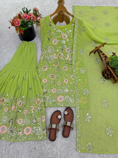 Pista Green with Silver & Pink Embroidery Gharara Suit - BONYHUBSALWAR KAMEEZ
