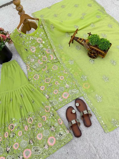 Pista Green with Silver & Pink Embroidery Gharara Suit - BONYHUBSALWAR KAMEEZ
