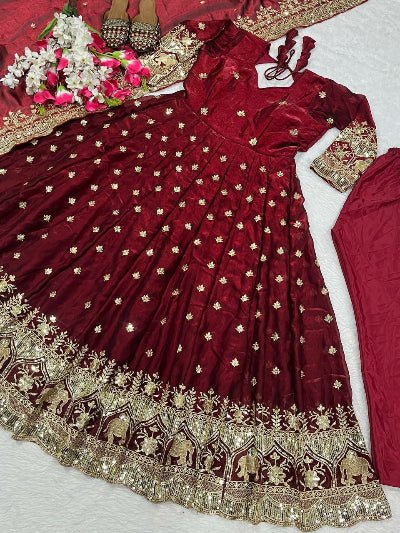 Deep Maroon Gold Embroidery Anarkali Suit Set - BONYHUBSALWAR KAMEEZ