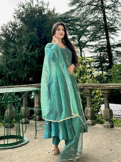 Teal Green Shimmer Silk Anarkali Suit Set - BONYHUBSALWAR KAMEEZ