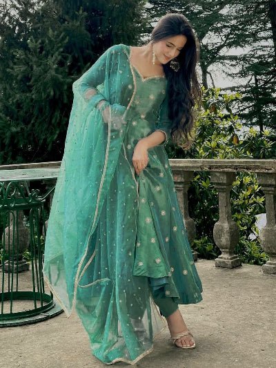 Teal Green Shimmer Silk Anarkali Suit Set - BONYHUBSALWAR KAMEEZ
