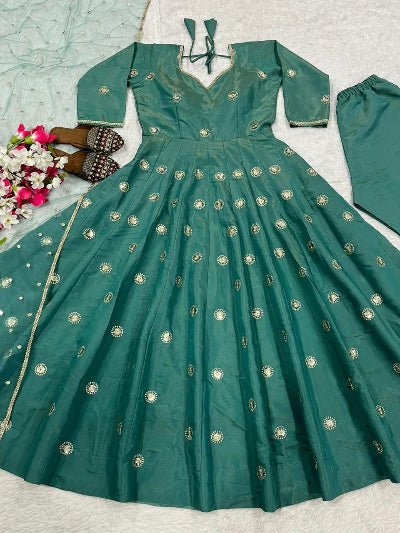 Teal Green Shimmer Silk Anarkali Suit Set - BONYHUBSALWAR KAMEEZ