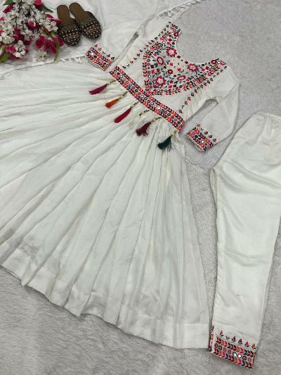 White Multicoloured Embroidery Anarkali Suit Set - BONYHUBSALWAR KAMEEZ