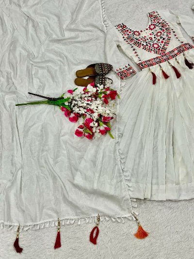 White Multicoloured Embroidery Anarkali Suit Set - BONYHUBSALWAR KAMEEZ