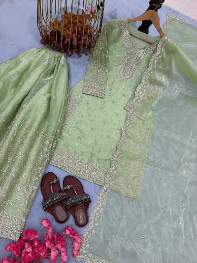 Pastel Green Organza Silk Sequence Work Sharara Suit - BONYHUBSALWAR KAMEEZ