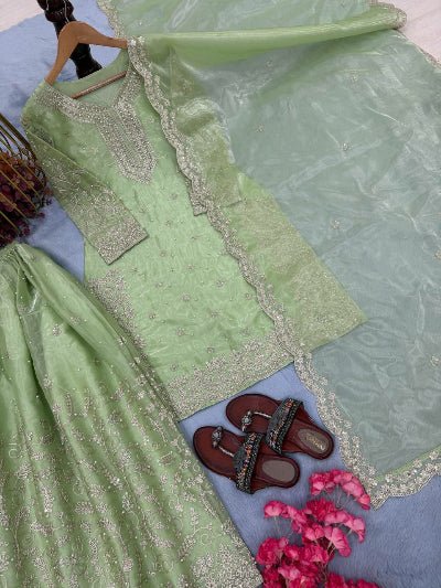 Pastel Green Organza Silk Sequence Work Sharara Suit - BONYHUBSALWAR KAMEEZ
