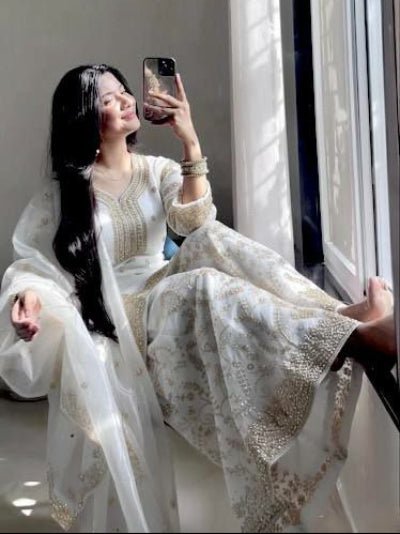 Royal White Organza Silk Sequence Work Sharara Suit - BONYHUBSALWAR KAMEEZ