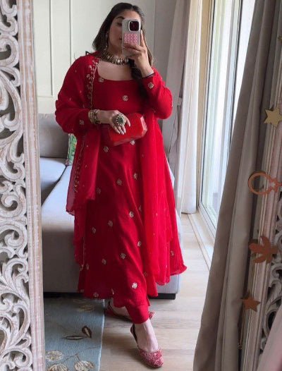 Red Georgette Moti Work Anarkali Suit Set - BONYHUBSALWAR KAMEEZ