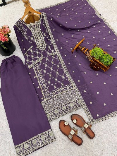 Purple Royale Chinon Silk Embroidered Palazzo Suit - BONYHUBSALWAR KAMEEZ