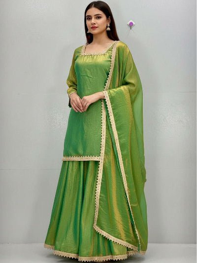 Green Gold Fendi Silk Embroidery Sharara Set - BONYHUBSALWAR KAMEEZ