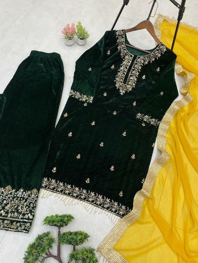 Dark Green Velvet Embroidery Suit with Yellow Dupatta - BONYHUBSALWAR KAMEEZ