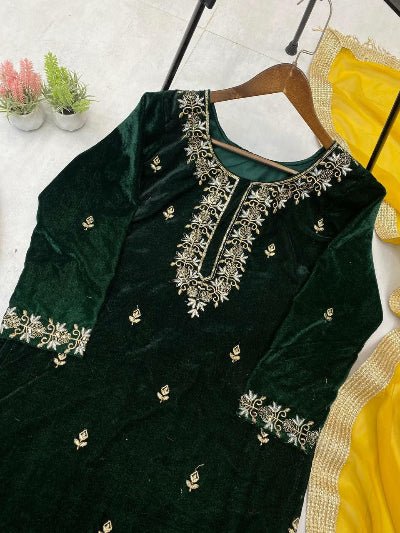Dark Green Velvet Embroidery Suit with Yellow Dupatta - BONYHUBSALWAR KAMEEZ
