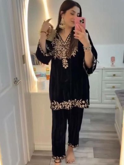 Black Velvet Stylish Embroidered Kurti Pant Set Of 2 - BONYHUBSALWAR KAMEEZ