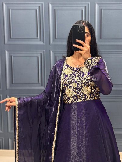 Navy Blue Silk Blend Gown Dupatta Set Of 2 - BONYHUBSALWAR KAMEEZ