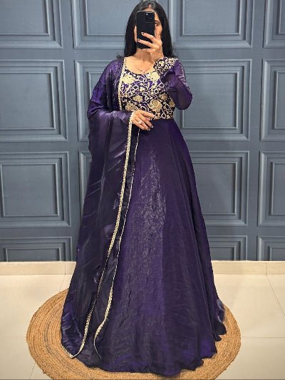 Navy Blue Silk Blend Gown Dupatta Set Of 2 - BONYHUBSALWAR KAMEEZ