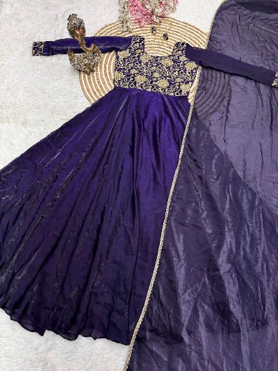 Navy Blue Silk Blend Gown Dupatta Set Of 2 - BONYHUBSALWAR KAMEEZ