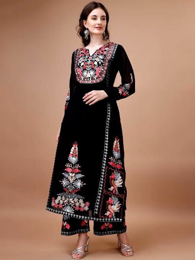 Black Georgette Multicolor Embroidery Straight Suit - BONYHUBSALWAR KAMEEZ
