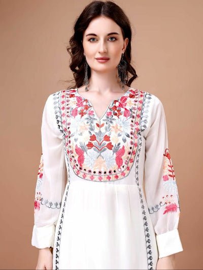 White Georgette Multicolor Embroidery Straight Suit - BONYHUBSALWAR KAMEEZ