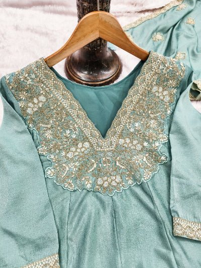 Pastel Blue Silk Embroidery Work Anarkali Suit - BONYHUBSALWAR KAMEEZ